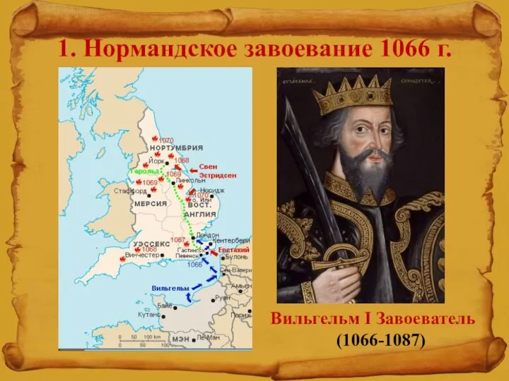 1. Нормандское завоевание 1066 г. Вильгельм I Завоеватель (1066-1087)