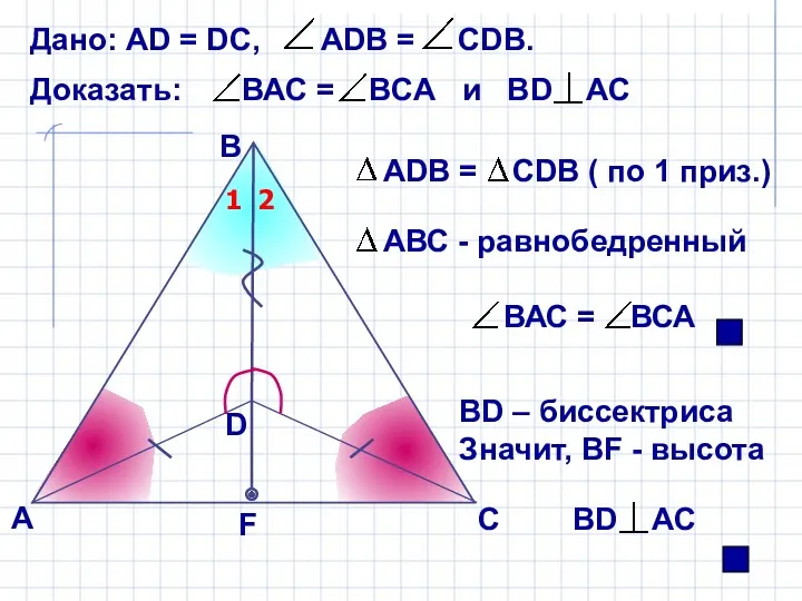 В А ВD – биссектриса Значит, ВF - высота С Дано: АD =