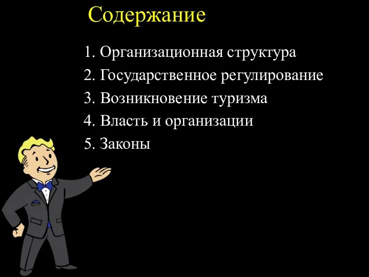 Содержание 1. Организационная структура 2. Государственное регулирование 3. Возникновение туризма 4. Власть и организации 5. Законы