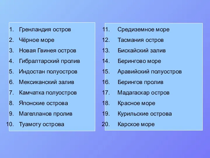 Гренландия остров Чёрное море Новая Гвинея остров Гибралтарский пролив Индостан