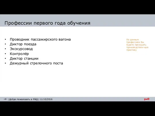 Проводник пассажирского вагона Диктор поезда Экскурсовод Контролёр Диктор станции Дежурный