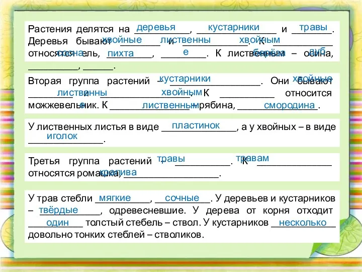 Растения делятся на ___________, ________________ и ________. Деревья бывают ________