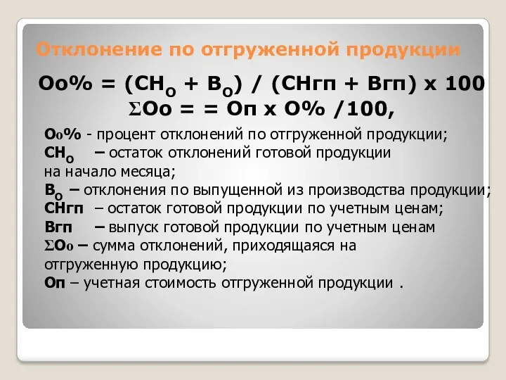 Отклонение по отгруженной продукции Оо% = (СНО + ВО) /