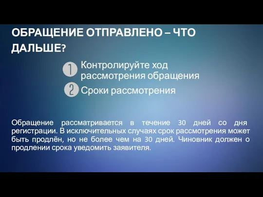 ОБРАЩЕНИЕ ОТПРАВЛЕНО – ЧТО ДАЛЬШЕ? Контролируйте ход рассмотрения обращения Сроки