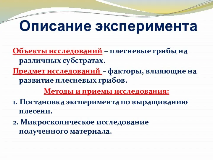 Описание эксперимента Объекты исследований – плесневые грибы на различных субстратах.