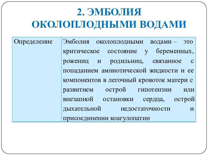 2. ЭМБОЛИЯ ОКОЛОПЛОДНЫМИ ВОДАМИ