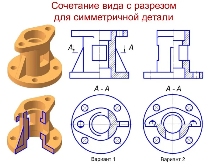 Сочетание вида с разрезом для симметричной детали