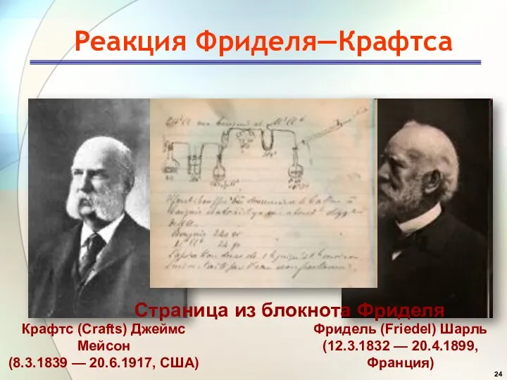 Реакция Фриделя—Крафтса Крафтс (Crafts) Джеймс Мейсон (8.3.1839 — 20.6.1917, США)