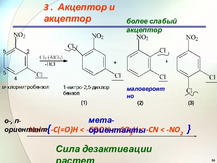 3 . Акцептор и акцептор более слабый акцептор маловероятно Hal Сила дезактивации растет мета-ориентанты о-, п-ориентант