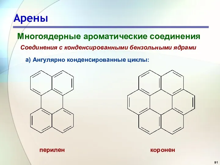 Арены Многоядерные ароматические соединения Соединения с конденсированными бензольными ядрами а) Ангулярно конденсированные циклы: перилен коронен