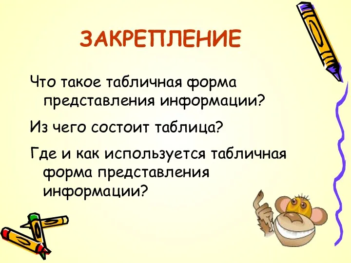 ЗАКРЕПЛЕНИЕ Что такое табличная форма представления информации? Из чего состоит