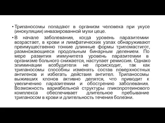 Трипаносомы попадают в организм человека при укусе (инокуляции) инвазированной мухи