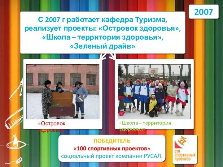 2007 С 2007 г работает кафедра Туризма, реализует проекты: «Островок