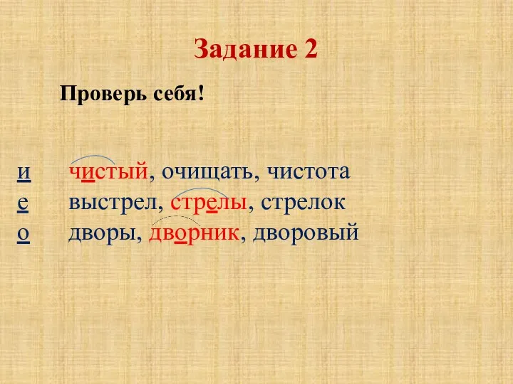 и чистый, очищать, чистота е выстрел, стрелы, стрелок о дворы, дворник, дворовый Проверь себя! Задание 2