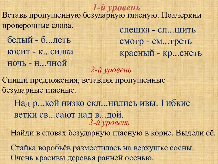 1-й уровень 2-й уровень 3-й уровень Вставь пропущенную безударную гласную.