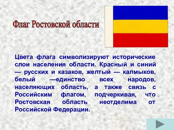 Флаг Ростовской области Цвета флага символизируют исторические слои населения области.