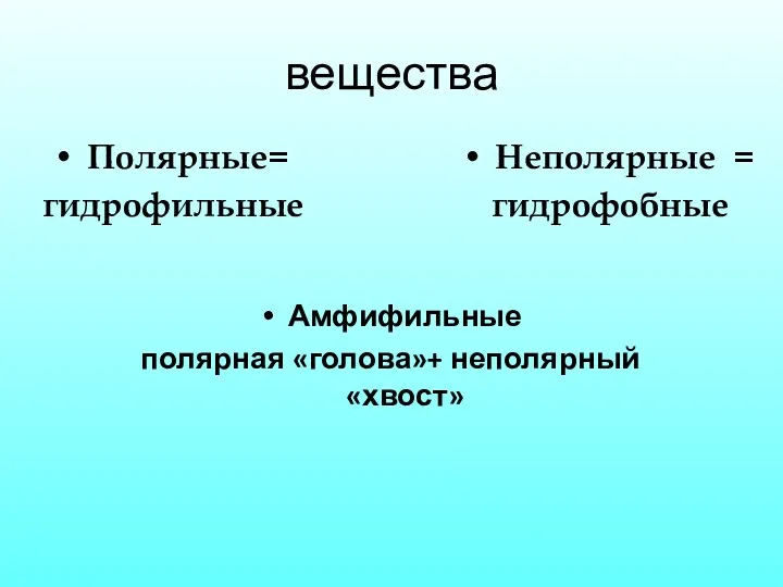 вещества Полярные= гидрофильные Неполярные = гидрофобные Амфифильные полярная «голова»+ неполярный «хвост»