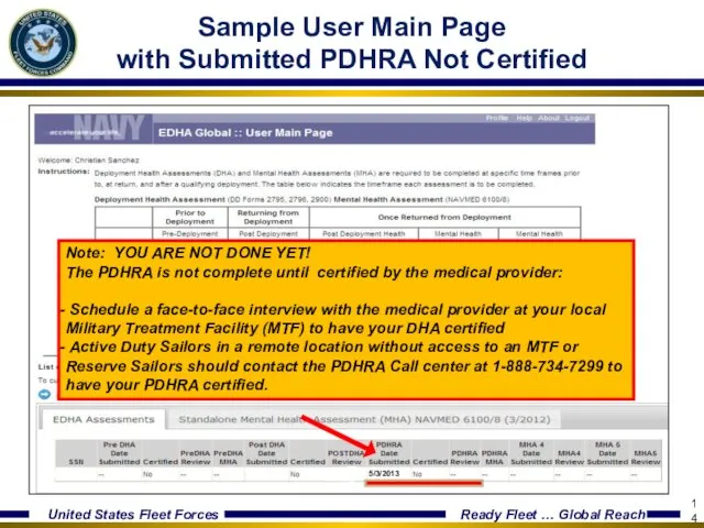 Sample User Main Page with Submitted PDHRA Not Certified 5/3/2013