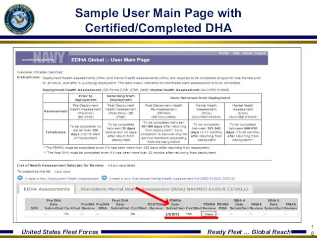 Sample User Main Page with Certified/Completed DHA 5/3/2013