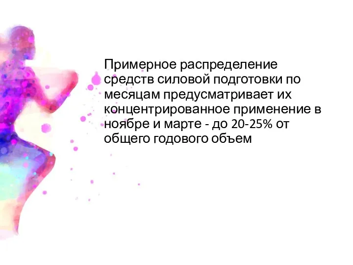 Примерное распределение средств силовой подготовки по месяцам предусматривает их концентрированное