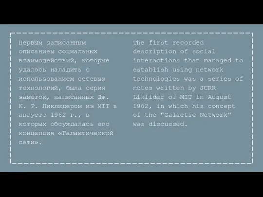 Первым записанным описанием социальных взаимодействий, которые удалось наладить с использованием сетевых технологий, была