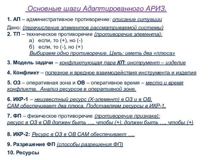 1. АП – административное противоречие: описание ситуации Дано: (перечисление элементов