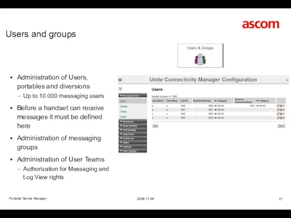 Users and groups Administration of Users, portables and diversions Up