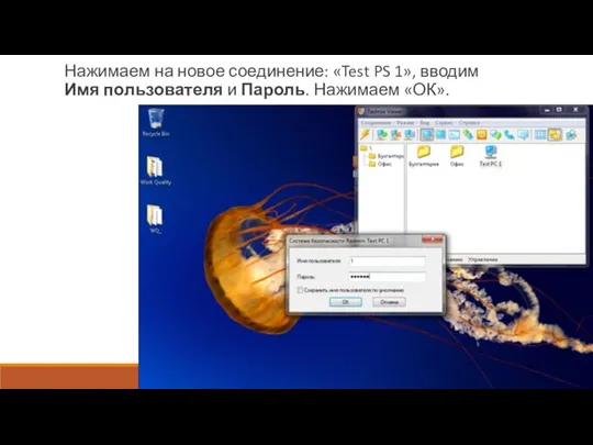 Нажимаем на новое соединение: «Test PS 1», вводим Имя пользователя и Пароль. Нажимаем «ОК».