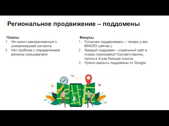 Региональное продвижение – поддомены Плюсы Не нужно заморачиваться с уникализацией