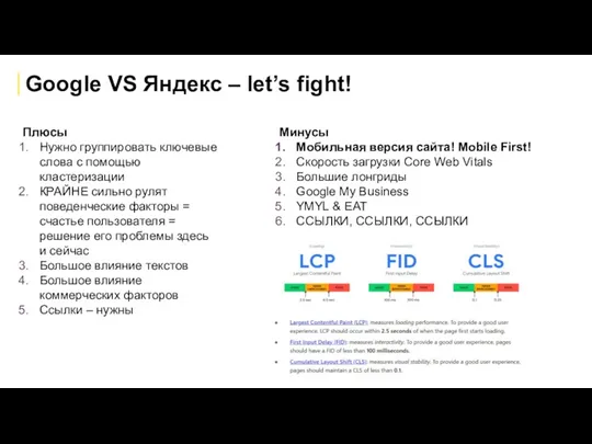 Google VS Яндекс – let’s fight! Плюсы Нужно группировать ключевые