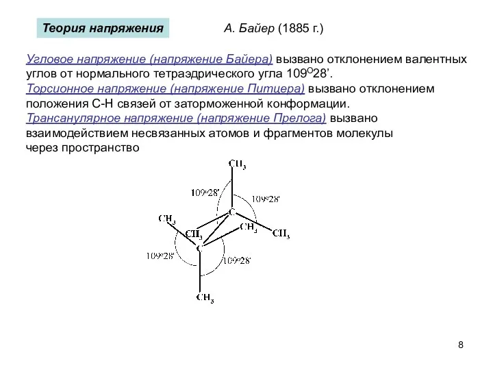 Теория напряжения Угловое напряжение (напряжение Байера) вызвано отклонением валентных углов