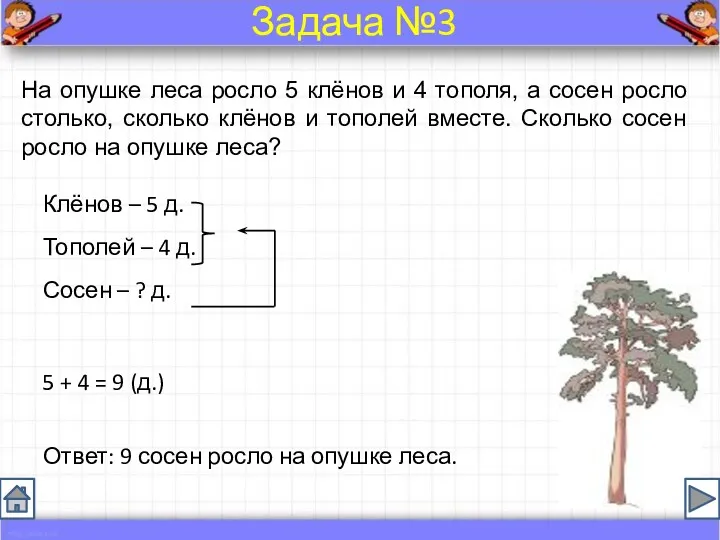 На опушке леса росло 5 клёнов и 4 тополя, а