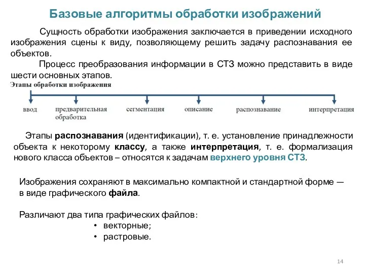 Базовые алгоритмы обработки изображений Сущность обработки изображения заключается в приведении исходного изображения сцены