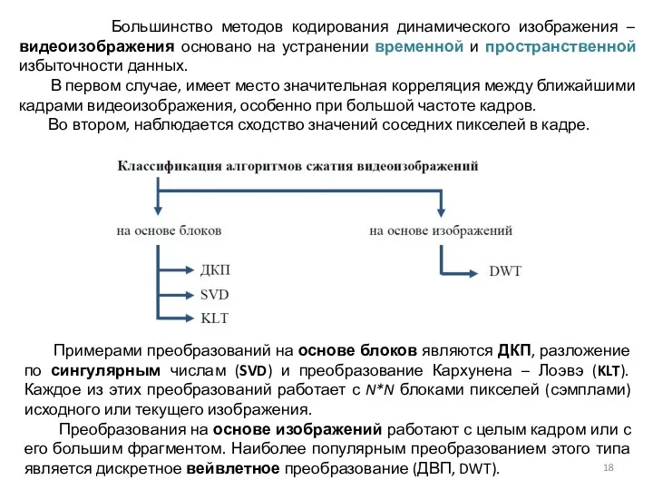 Большинство методов кодирования динамического изображения – видеоизображения основано на устранении