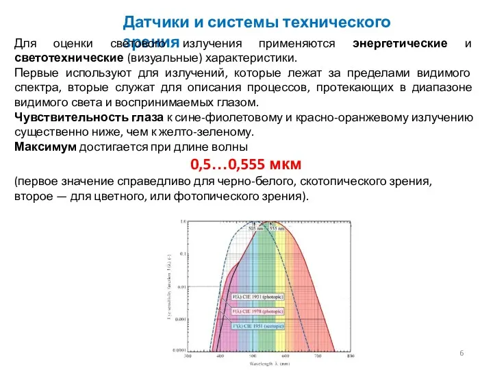 Датчики и системы технического зрения Для оценки светового излучения применяются энергетические и светотехнические