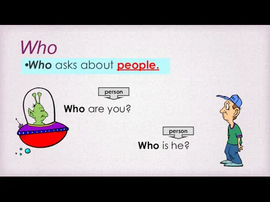 Who Who asks about people. Who are you? Who is he? person person