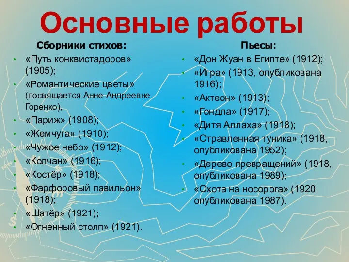 Основные работы Сборники стихов: «Путь конквистадоров» (1905); «Романтические цветы» (посвящается