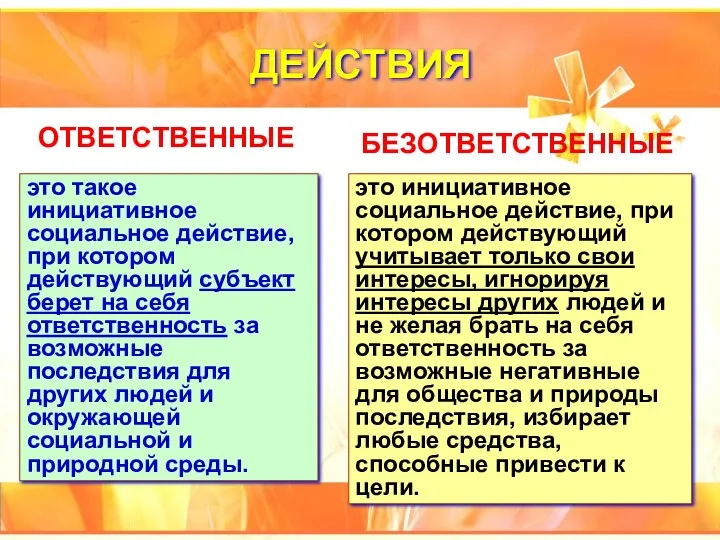 ДЕЙСТВИЯ ОТВЕТСТВЕННЫЕ БЕЗОТВЕТСТВЕННЫЕ это такое инициативное социальное действие, при котором