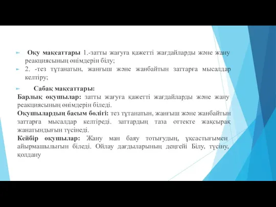 Оқу мақсаттары 1.-затты жағуға қажетті жағдайларды және жану реакциясының өнімдерін