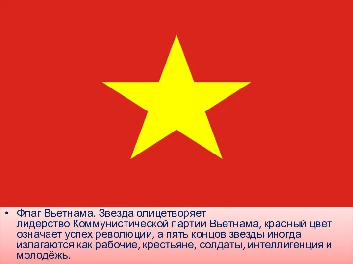Флаг Вьетнама. Звезда олицетворяет лидерство Коммунистической партии Вьетнама, красный цвет
