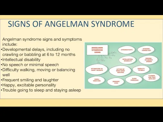 Angelman syndrome signs and symptoms include: Developmental delays, including no