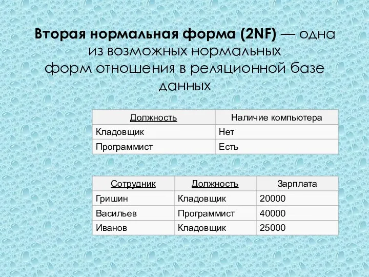 Вторая нормальная форма (2NF) — одна из возможных нормальных форм отношения в реляционной базе данных