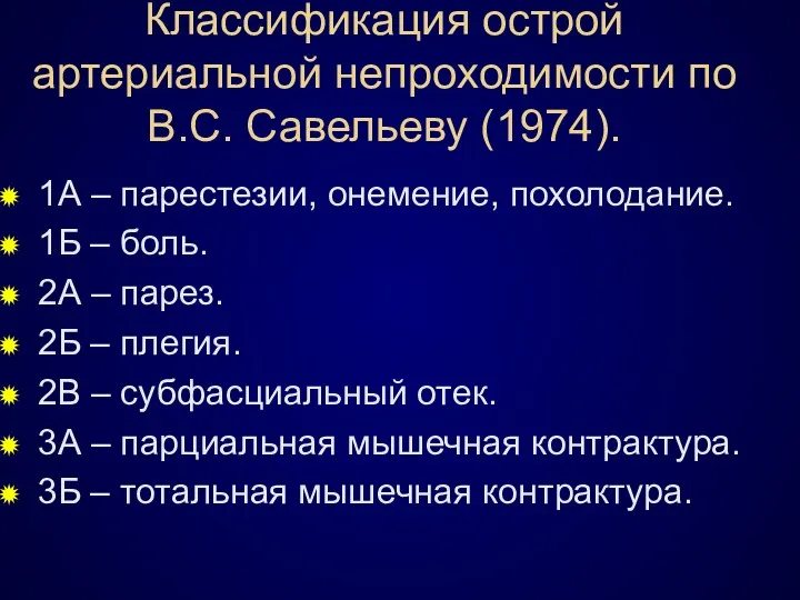 Классификация острой артериальной непроходимости по В.С. Савельеву (1974). 1А – парестезии, онемение, похолодание.