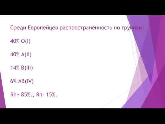 Среди Европейцев распространённость по группам: 40% O(I) 40% A(II) 14%