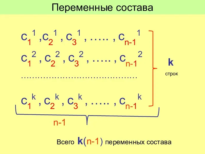 с11 ,с21 , с31 , ….. , cn-11 с12 ,