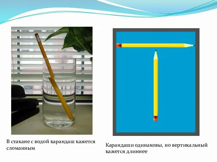 В стакане с водой карандаш кажется сломанным Карандаши одинаковы, но вертикальный кажется длиннее