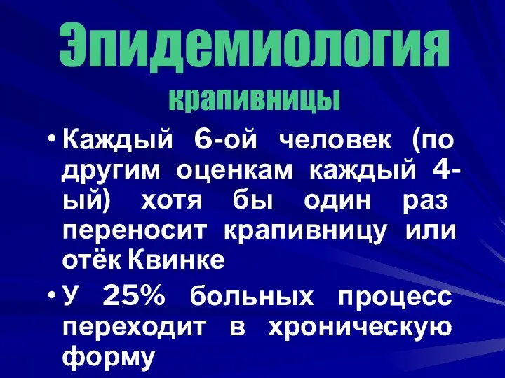 Эпидемиология крапивницы Каждый 6-ой человек (по другим оценкам каждый 4-ый)