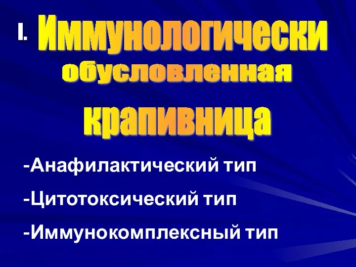 Иммунологически обусловленная крапивница Анафилактический тип Цитотоксический тип Иммунокомплексный тип I.