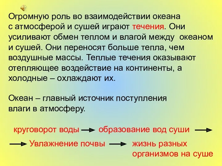 Огромную роль во взаимодействии океана с атмосферой и сушей играют