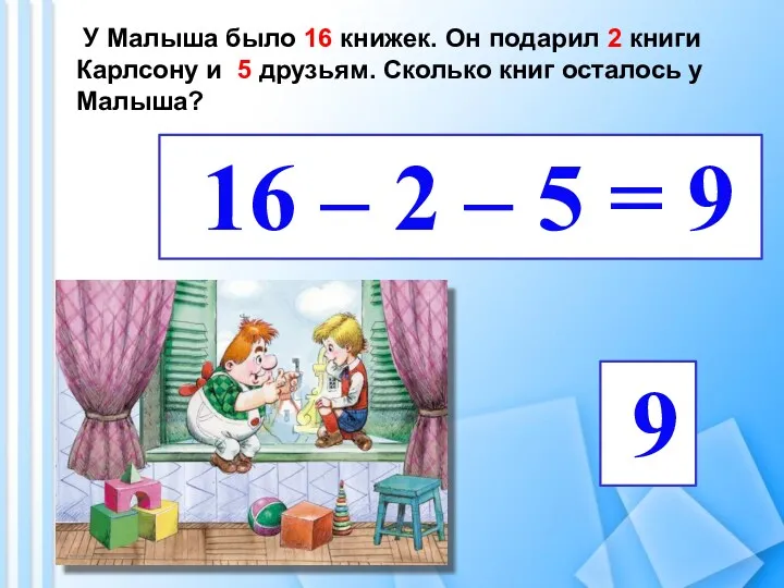 У Малыша было 16 книжек. Он подарил 2 книги Карлсону